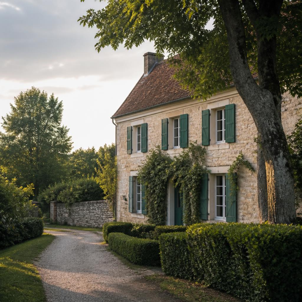 Maison de campagne française en pierre claire aux volets verts, entourée de verdure