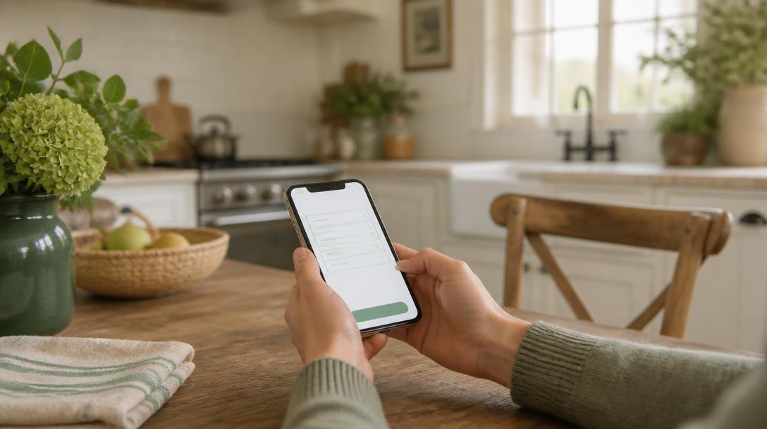 Personne remplissant un questionnaire sur son téléphone dans une cuisine lumineuse