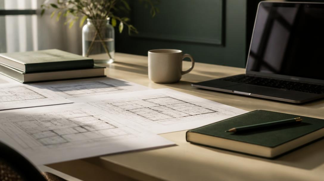 Plans de maison, carnet et ordinateur portable posés sur un bureau clair