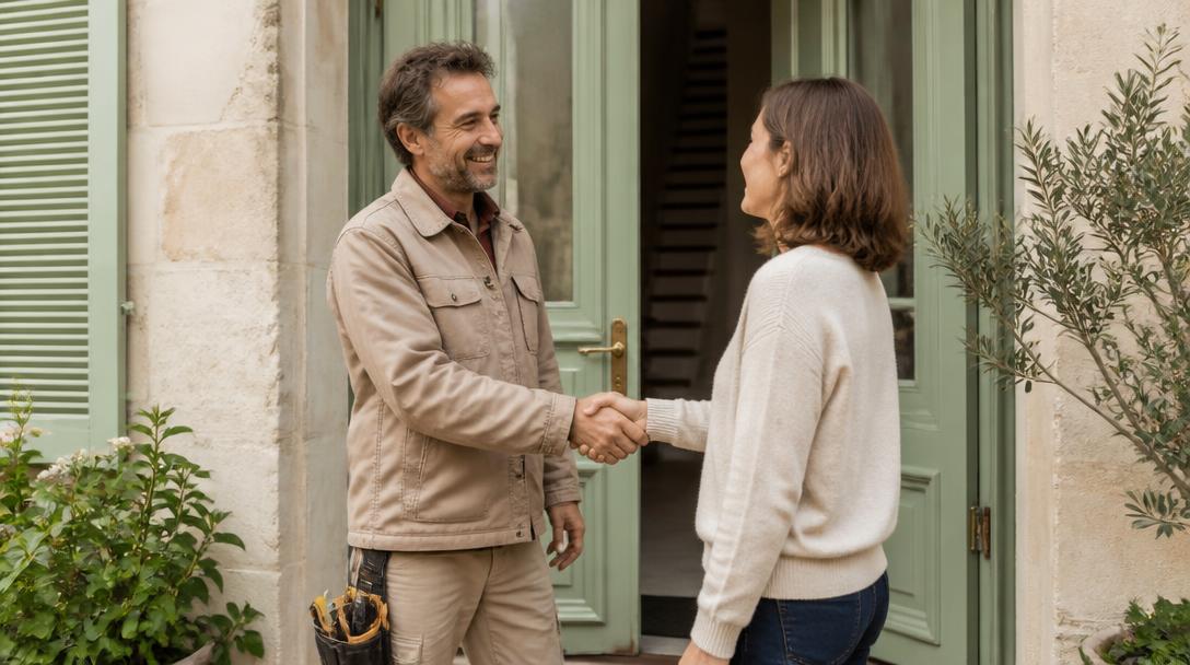 Artisan et propriétaire se serrant la main devant la porte d'une maison française