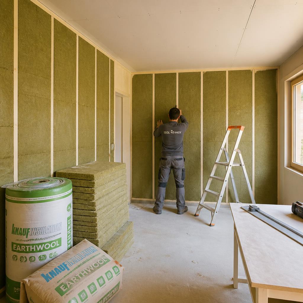 Artisan posant un isolant sur les murs intérieurs d'une pièce en cours de rénovation