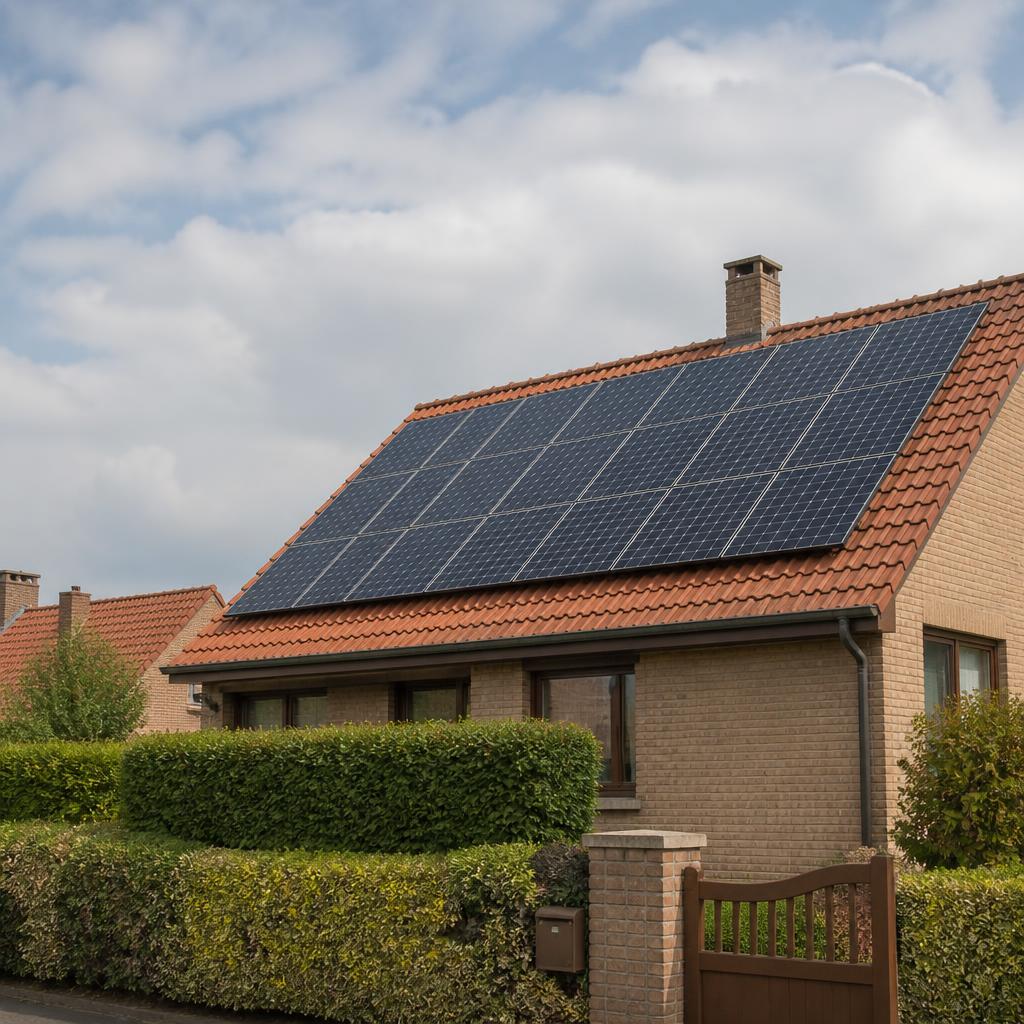 Panneaux photovoltaïques posés sur la toiture en tuiles d'une maison du Nord de la France