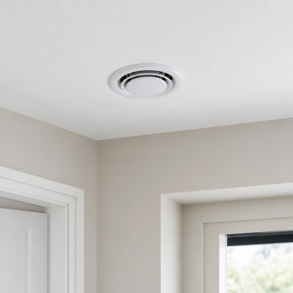 Bouche de ventilation mécanique intégrée au plafond d'un intérieur rénové